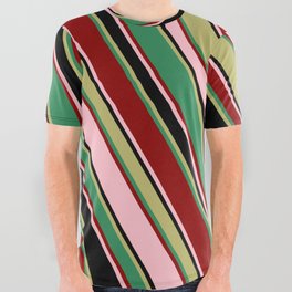 [ Thumbnail: Colorful Pink, Black, Dark Khaki, Sea Green & Dark Red Colored Pattern of Stripes All Over Graphic Tee ]