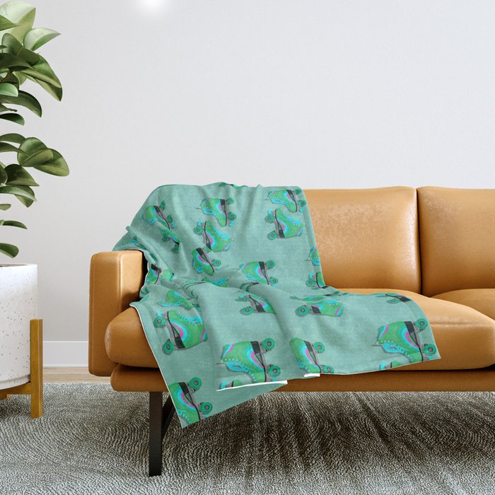 Green roller skates- teal background Throw Blanket