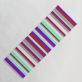 [ Thumbnail: Dark Violet, Red, Dark Grey, Beige & Aquamarine Colored Striped Pattern Yoga Mat ]