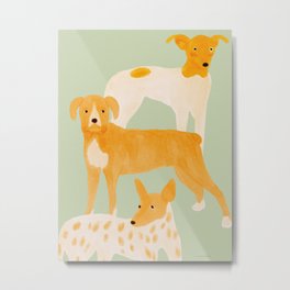 Three Dogs Lined Up - Yellow and Sage Metal Print | Chill, Yellow, Ink, Animal, Sage, Chilling, Friendly, Drawing, Digital, Spotted 