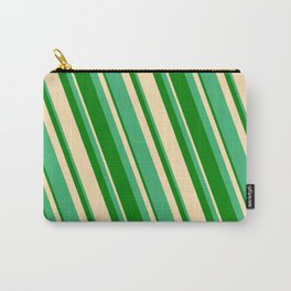 [ Thumbnail: Sea Green, Green & Beige Colored Striped/Lined Pattern Carry-All Pouch ]