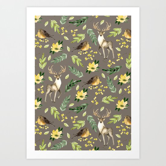 Deer and birds Art Print