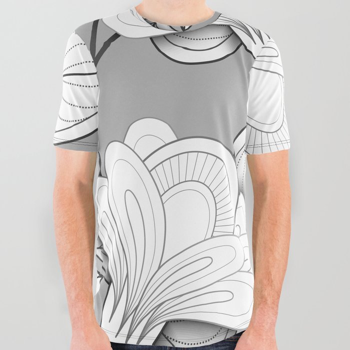 Seamless Monochrome Floral Pattern. Hand Drawn Floral Texture, Decorative Flowers All Over Graphic Tee
