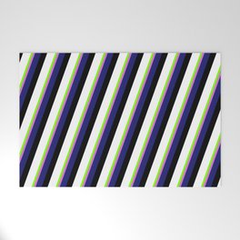 [ Thumbnail: Eyecatching Chartreuse, Orchid, Midnight Blue, Black, and White Colored Lines/Stripes Pattern Welcome Mat ]