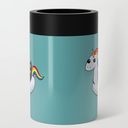 Chonky Cat on Rainbow Unicorn Floatie Can Cooler by kilkennycat