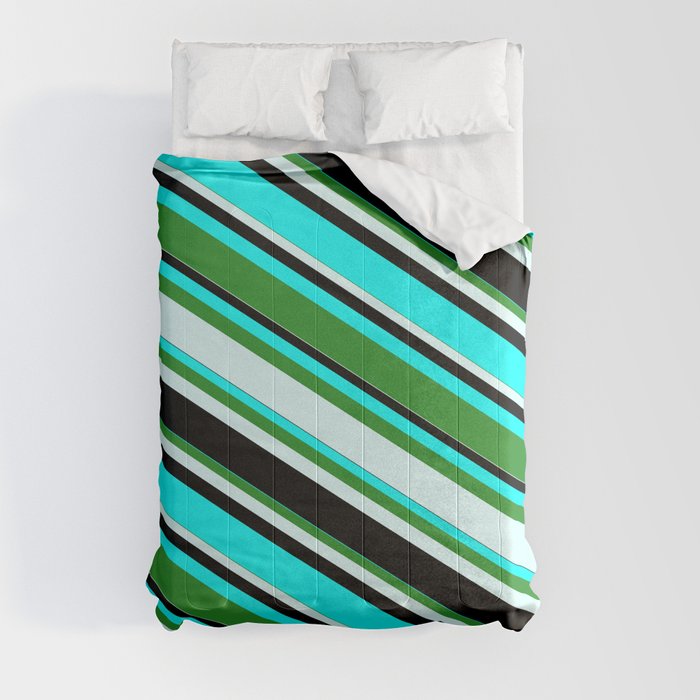 Aqua, Forest Green, Light Cyan, and Black Colored Lines/Stripes Pattern Comforter