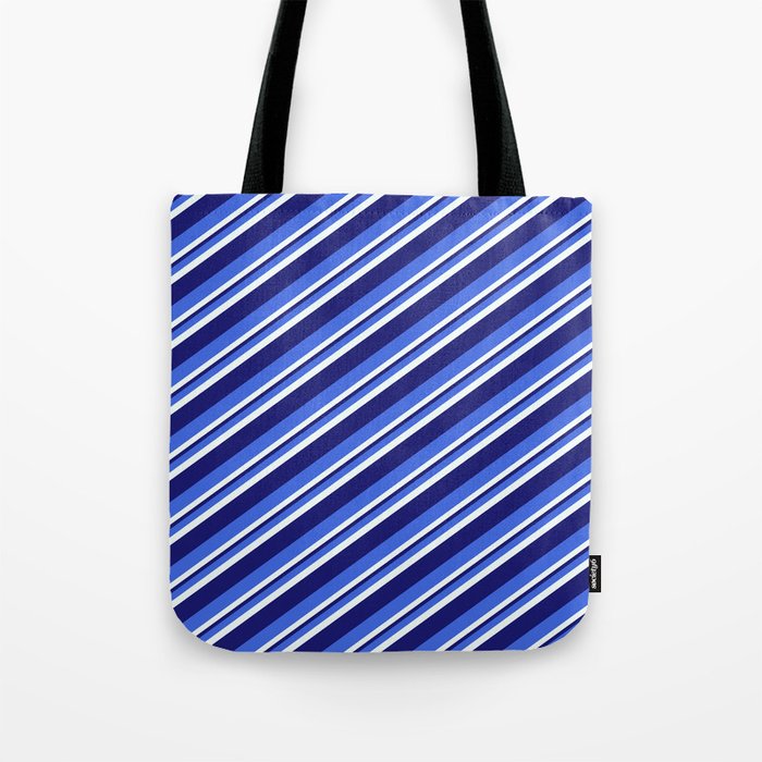 Royal Blue, Mint Cream & Midnight Blue Colored Striped Pattern Tote Bag