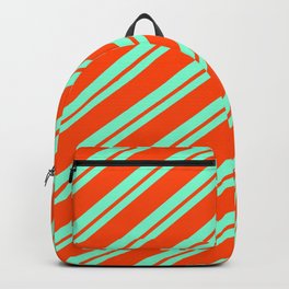[ Thumbnail: Aquamarine and Red Colored Stripes Pattern Backpack ]