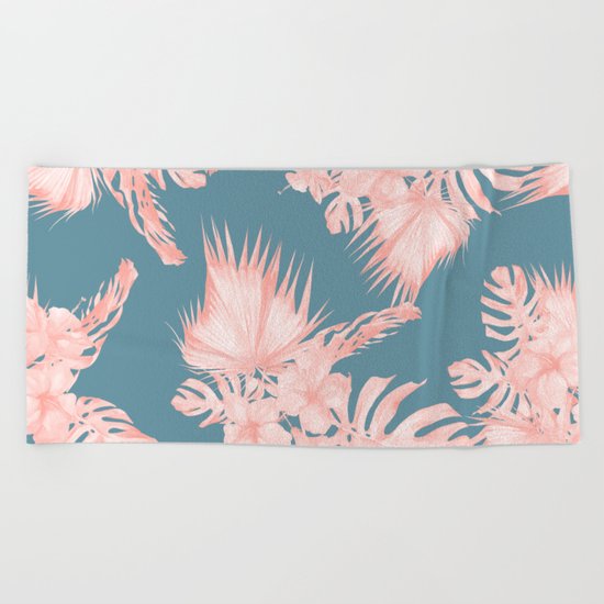 Tropical Palm Leaves Hibiscus Flowers Pink Blue Beach Towel