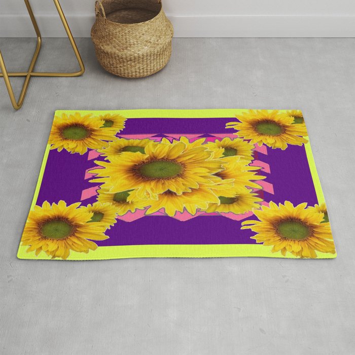 Colorful Chartreuse-Purple Sunflowers Pattern Art Rug