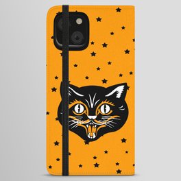 Vintage Type Halloween Black Cat Face Stars Orange iPhone Wallet Case