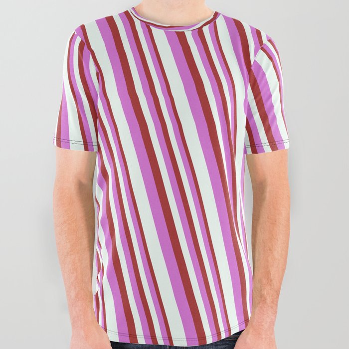 Brown, Orchid, and Mint Cream Colored Stripes/Lines Pattern All Over Graphic Tee
