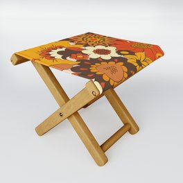 Retro 70s Flower Power, Floral, Orange Brown Yellow Psychedelic Pattern Folding Stool