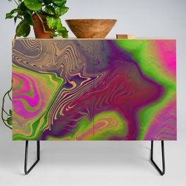 Multicolored neon psychedelic abstract digital art with distorted lines and metallic texture.  Credenza