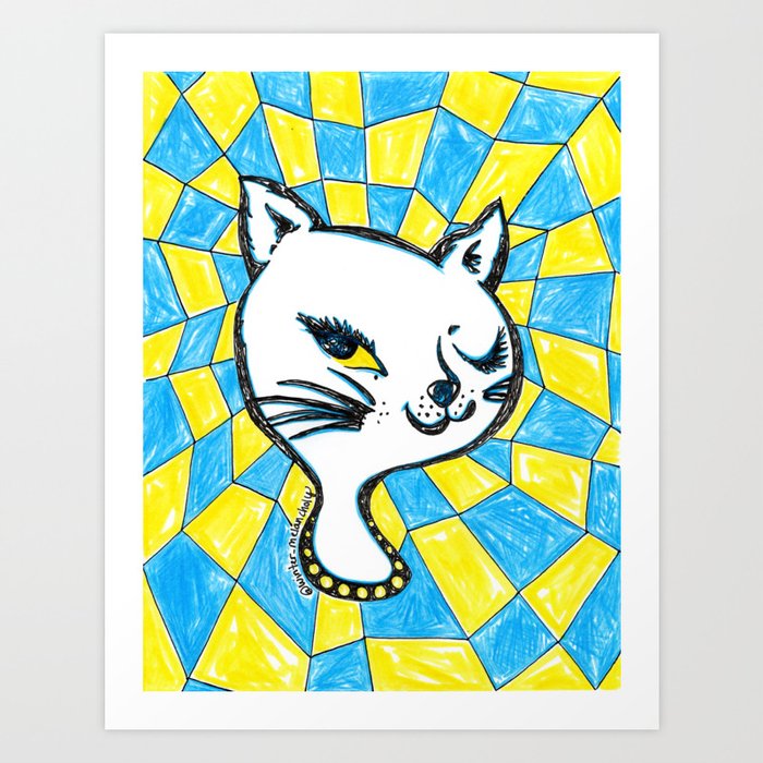 Winking Kitty Blue & Yellow Background Art Print