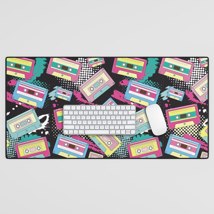 Multi Colored cassettes on a black background seamless pattern Desk Mat