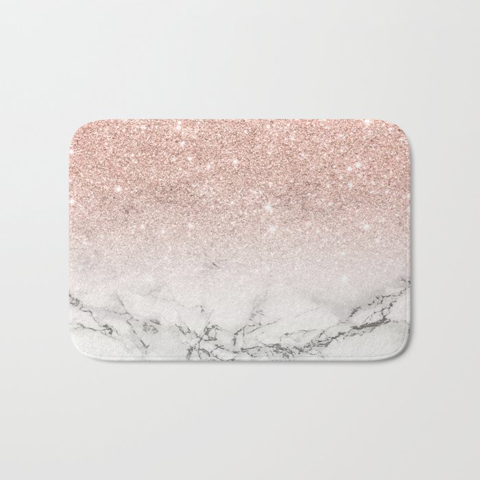 Modern faux rose gold pink glitter ombre white marble Bath Mat.
