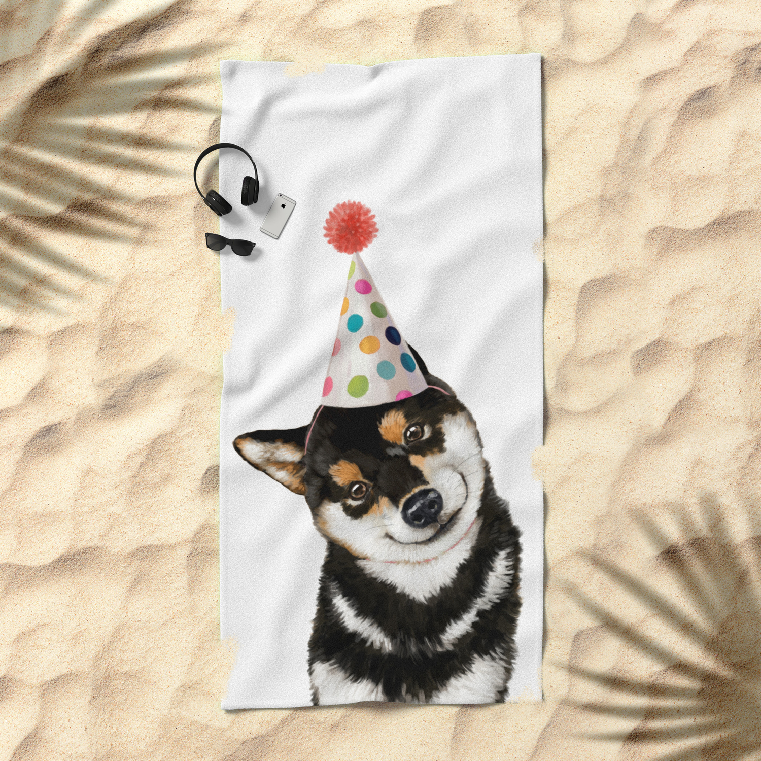 Black Shiba Inu With Party Hat Beach Towel By Bignosework Society6