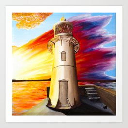 Brixham Lighthouse Art Print | Annbiddlecombe, Painter, Brixham, Nautical, Devon, Torquay, Torbay, Sunset, Lighthouse, Painting 