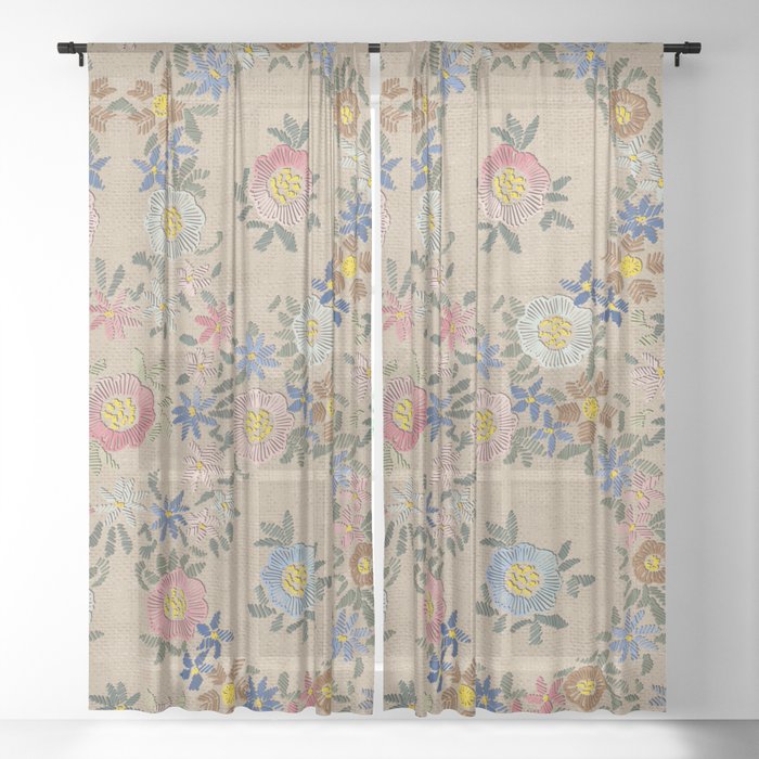 Modern embroidered flowers Coffee brown Sheer Curtain