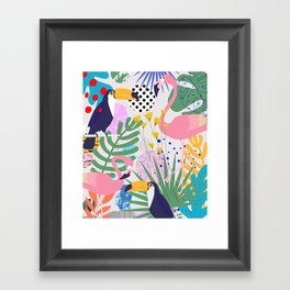 Tropical Spring | Pastel Quirky Modern Bohemian Jungle Botanical | Flamingo Palm Cockatoo Birds Framed Art Print