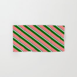 [ Thumbnail: Teal, Beige, Dark Green & Light Coral Colored Lines Pattern Hand & Bath Towel ]
