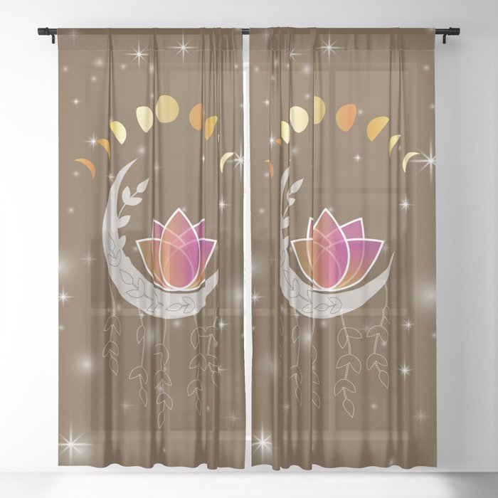 Moon dreamcatcher with pink lotus and leaves Sheer Curtain