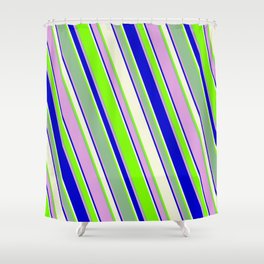 [ Thumbnail: Vibrant Blue, Beige, Green, Dark Sea Green, and Plum Colored Pattern of Stripes Shower Curtain ]