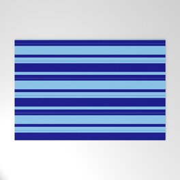 [ Thumbnail: Dark Blue and Light Sky Blue Colored Stripes Pattern Welcome Mat ]