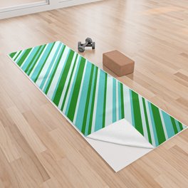 [ Thumbnail: Green, Turquoise & Light Cyan Colored Lined/Striped Pattern Yoga Towel ]