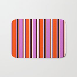 [ Thumbnail: Red, Black, Orchid, and White Colored Stripes Pattern Bath Mat ]