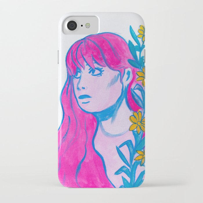 Girl in Pink and Yellow Flowers | Gouache Painting  iPhone Case