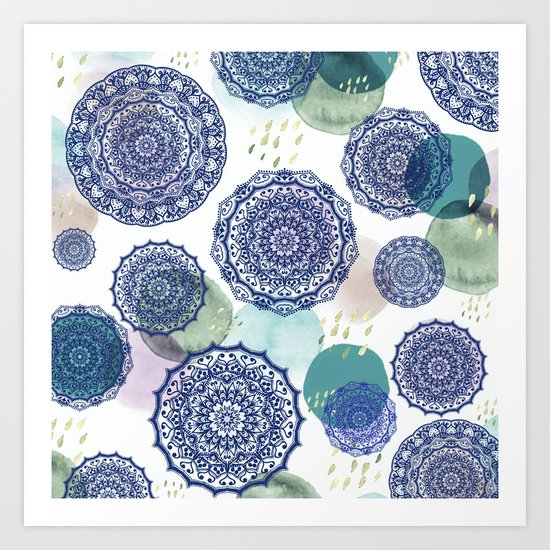 Fall Love Mandala in Blue Art Print