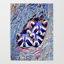 3 Baby Raccoons in a Knot Hole Poster