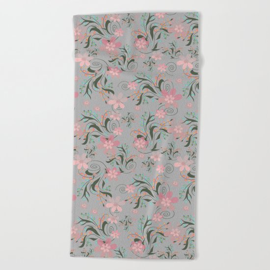 Retro . Pink flowers on grey background . Beach Towel