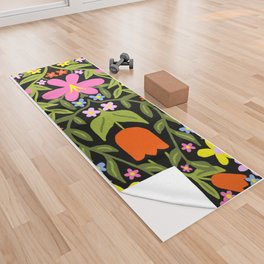 Modern Colorful Folk Art Flowers On Black  Yoga Towel