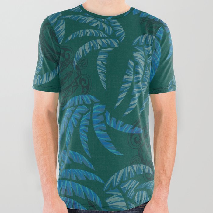 Hawaiian Dark Emerald Honu and Palm Leaves Pattern All Over Graphic Tee