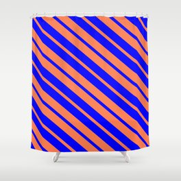 [ Thumbnail: Coral and Blue Colored Lined Pattern Shower Curtain ]