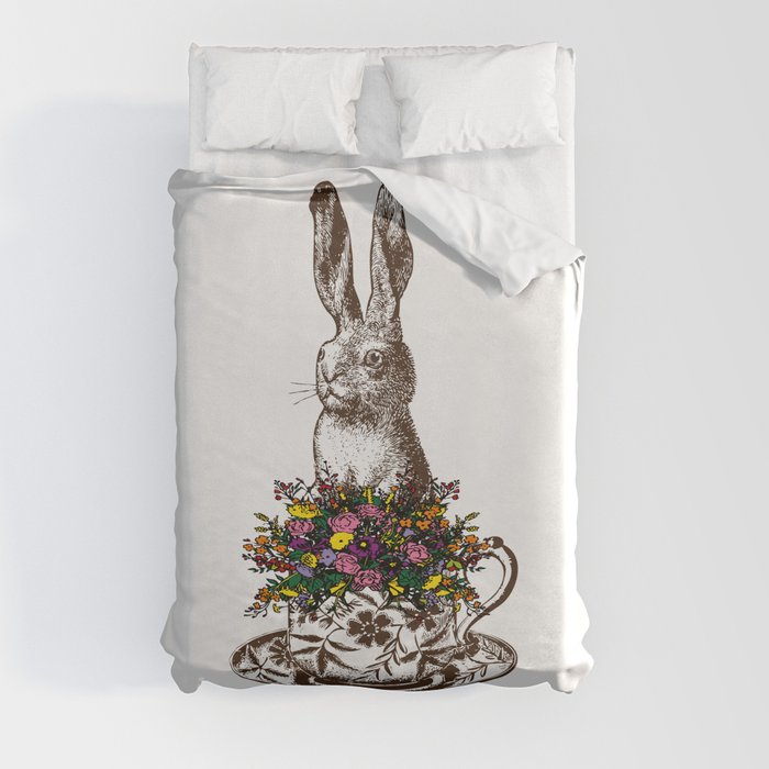 Rabbit in a Teacup | Rabbit and Flowers | Bunny Rabbits | Bunnies | Easter Rabbits | Hares | Duvet Cover
