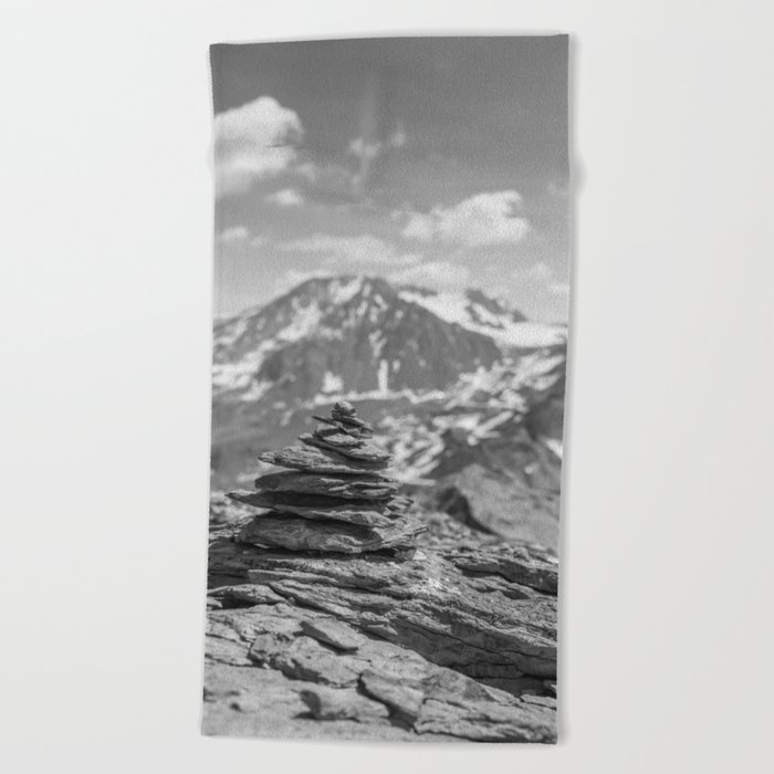 Black and white cairn in the french alps - vintage hiking mountains - landscape and travel photography Beach Towel