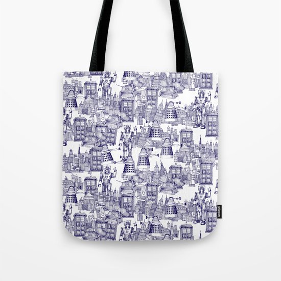 Doctor Who Toile de Jouy | 'Walking Doodle' | Blue Tote Bag