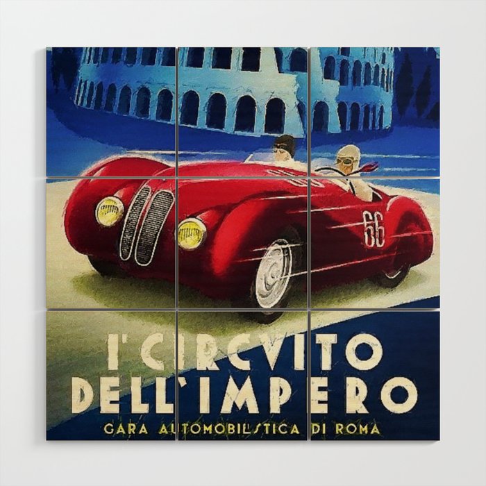 Roma, Italy Gran Prix Racing sports car roman coliseum vintage advertising poster wall decor for kitchen, dinning room, office  Wood Wall Art