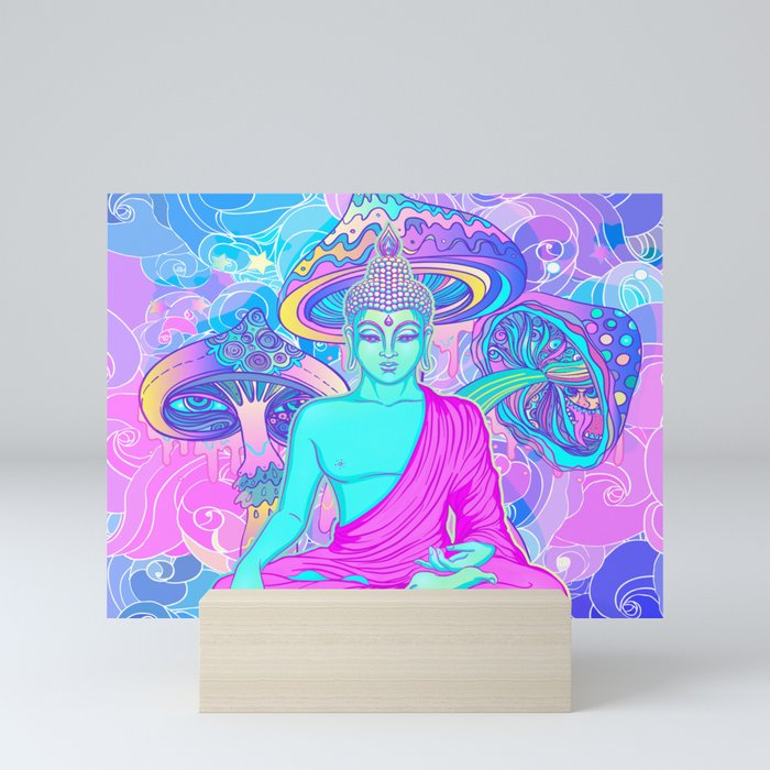 Sitting Buddha among psychedelic Mushrooms Mini Art Print
