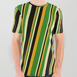 [ Thumbnail: Orange, Forest Green, Pale Goldenrod, and Black Colored Lined/Striped Pattern All Over Graphic Tee ]