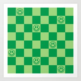 Monochromatic Green Smiley Face Checkerboard Art Print