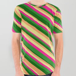 [ Thumbnail: Dark Green, Brown, Tan, Deep Pink, and Forest Green Colored Lines/Stripes Pattern All Over Graphic Tee ]