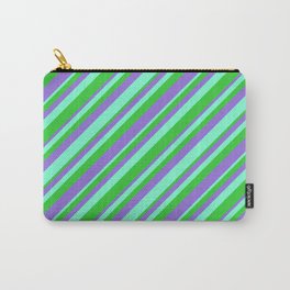 [ Thumbnail: Aquamarine, Lime Green, and Purple Colored Striped/Lined Pattern Carry-All Pouch ]