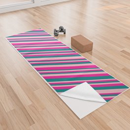 [ Thumbnail: Pink, Deep Pink, and Teal Colored Striped Pattern Yoga Towel ]