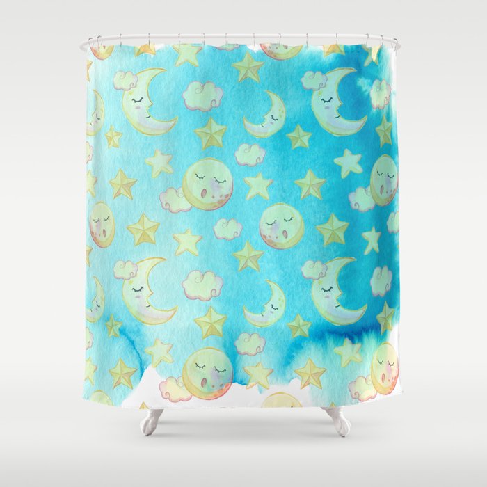 Blue yellow pink watercolor starry moon sun Shower Curtain