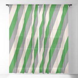 [ Thumbnail: Gray, Beige, and Green Colored Lined Pattern Sheer Curtain ]